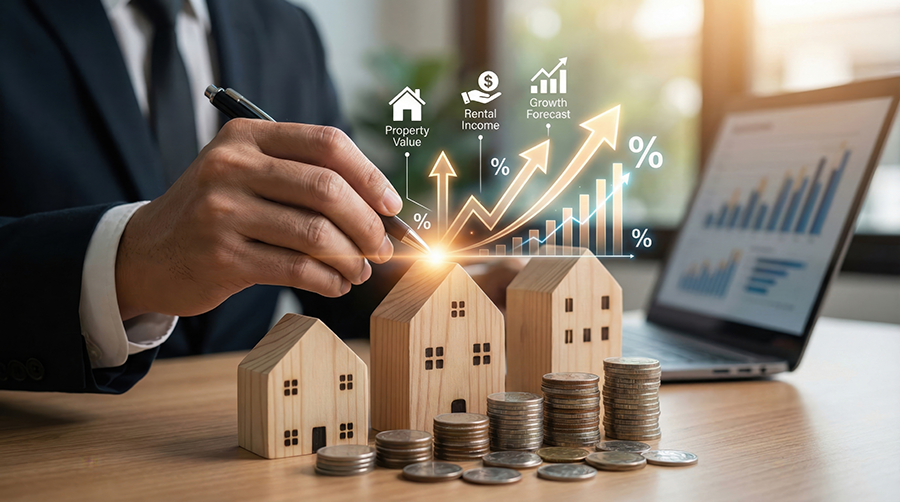 Business professional reviewing real estate investment growth, with wooden house models, coin stacks, and financial chart graphics showing property value, rental income, and growth forecast.